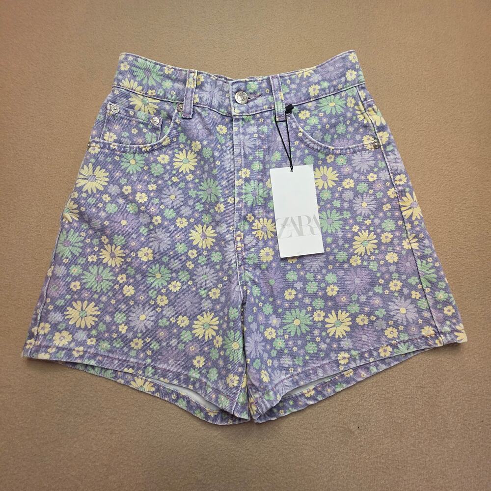 Zara High-Rise Purple Floral Denim Shorts Sz 2 NWT Button Fly - Picture 2 of 11